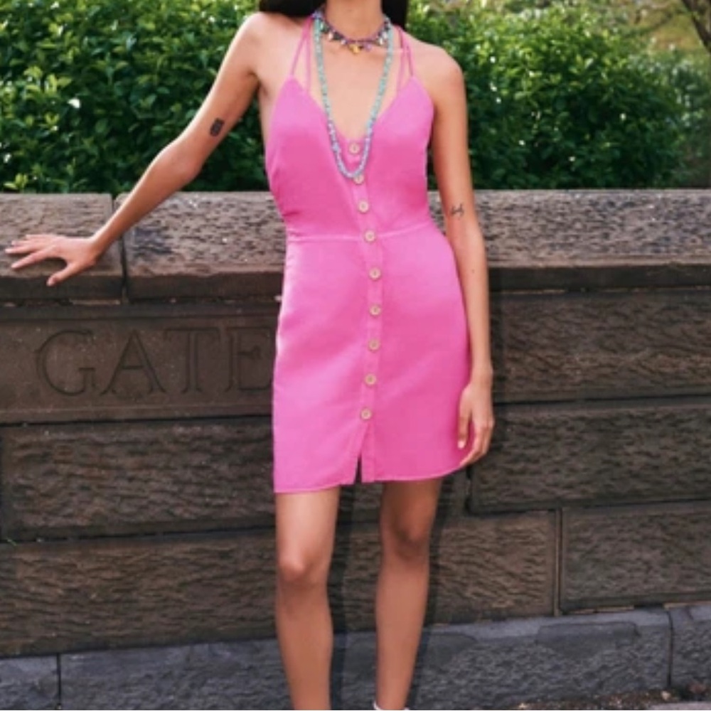 Zara Hot Pink Button-Front Strappy Mini Dress - Picture 3 of 4